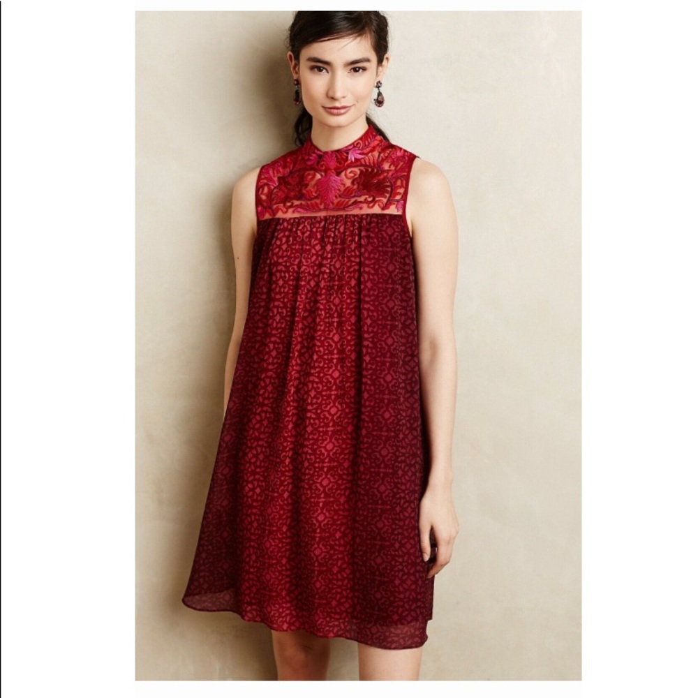 Anthropologie Pink, Red & Maroon Embroidered Dress